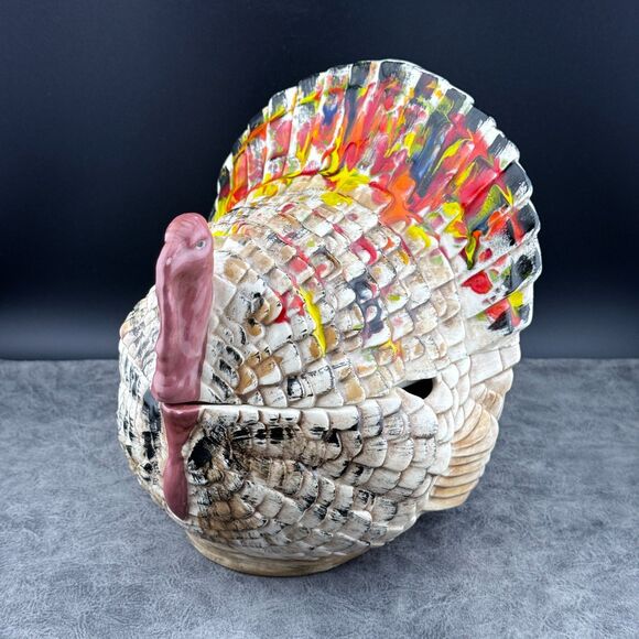 Ceramic Turkey Covered Sauce Dish Jar Thanksgiving Fall Hand Painted Vintage 7" - Picture 2 of 9